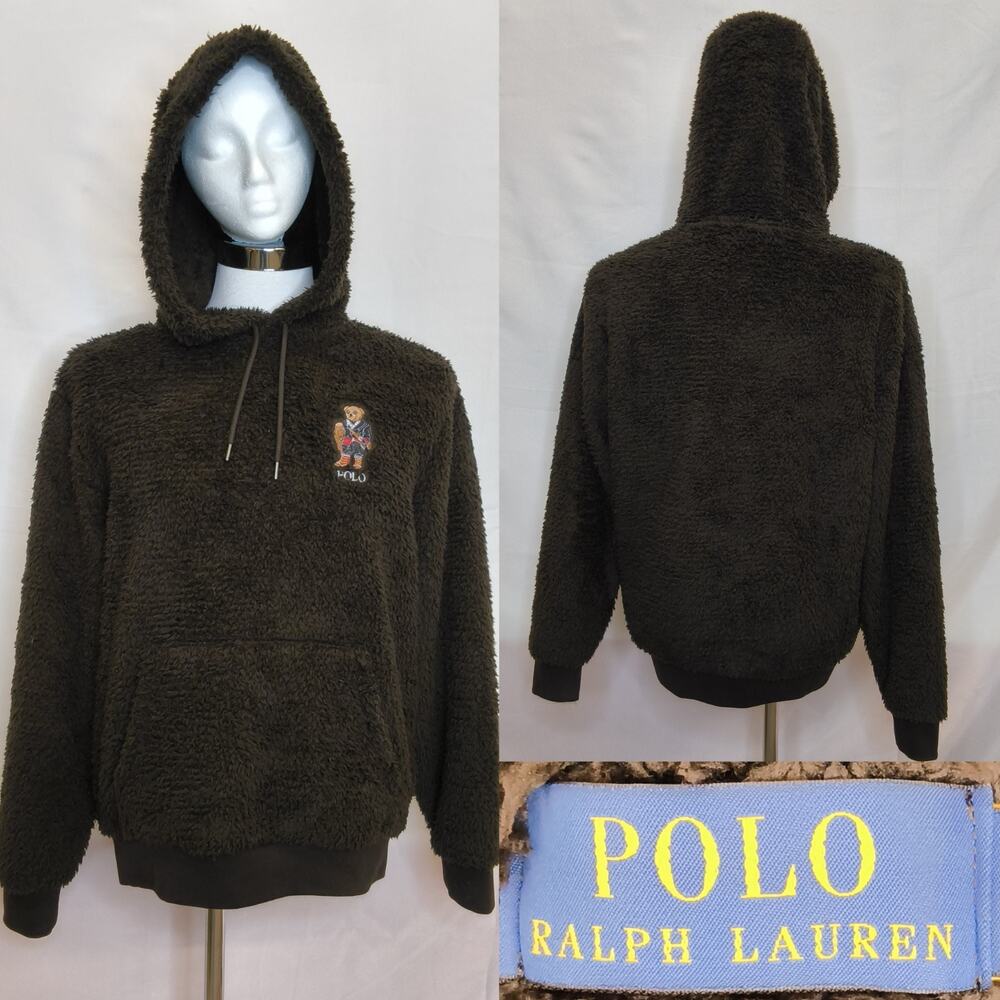 Polo Ralph Lauren Deep Pile Fleece Hoodie Men's M Black Polo Bear #W4848